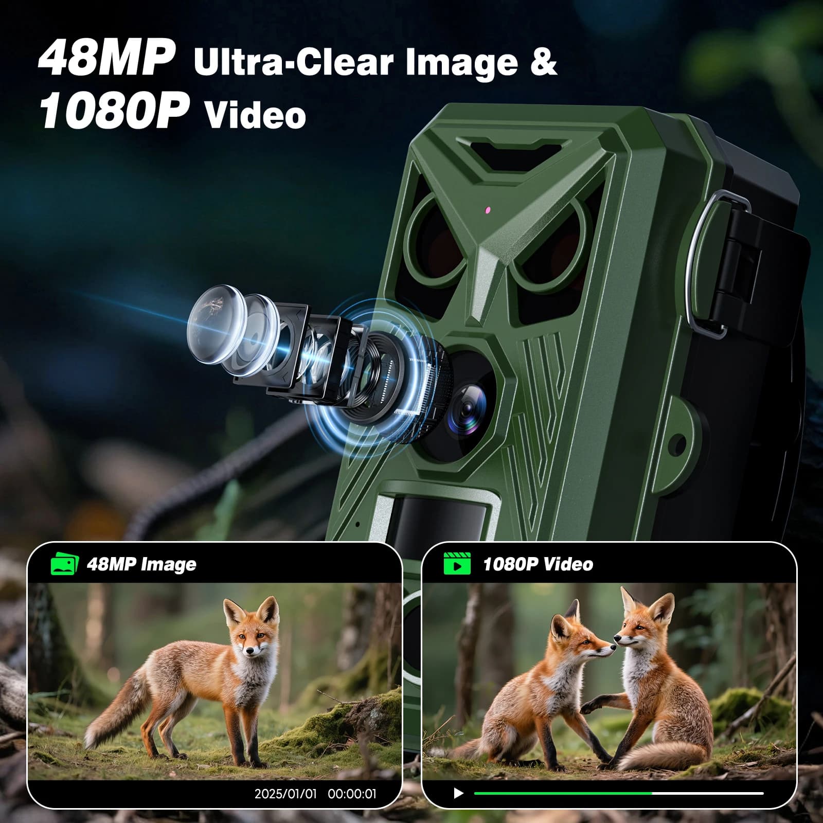 Caméra de chasse 48MP vision nocturne IP66 étanche pour observation animalière et surveillance extérieure