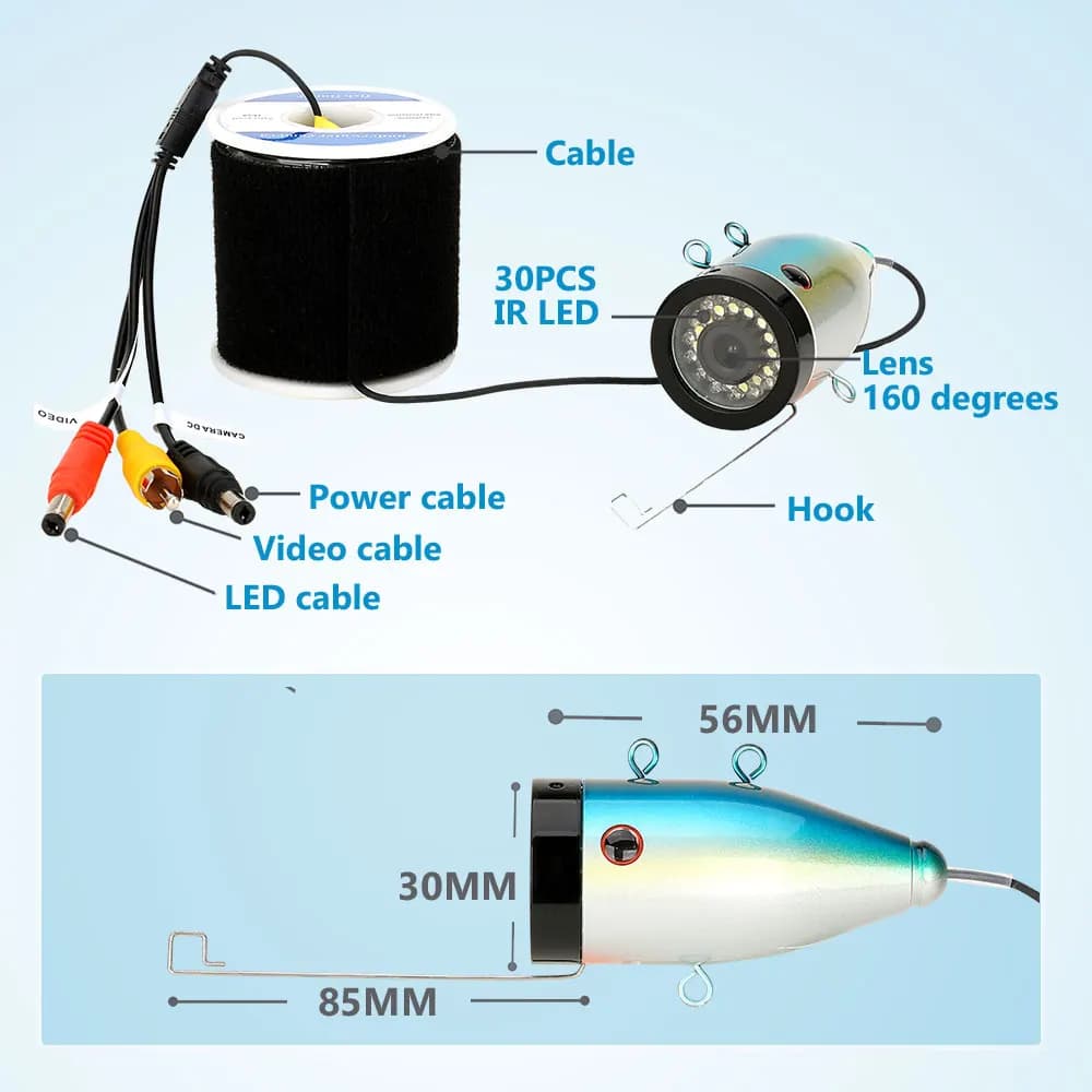 Caméra de pêche sous-marine 1080P 15M/30M avec double lampe pour pêche sur glace et en mer