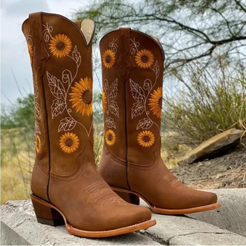 Bottes cowboy femme marron café broderie - Cuir PU imprimé style western profond V casual