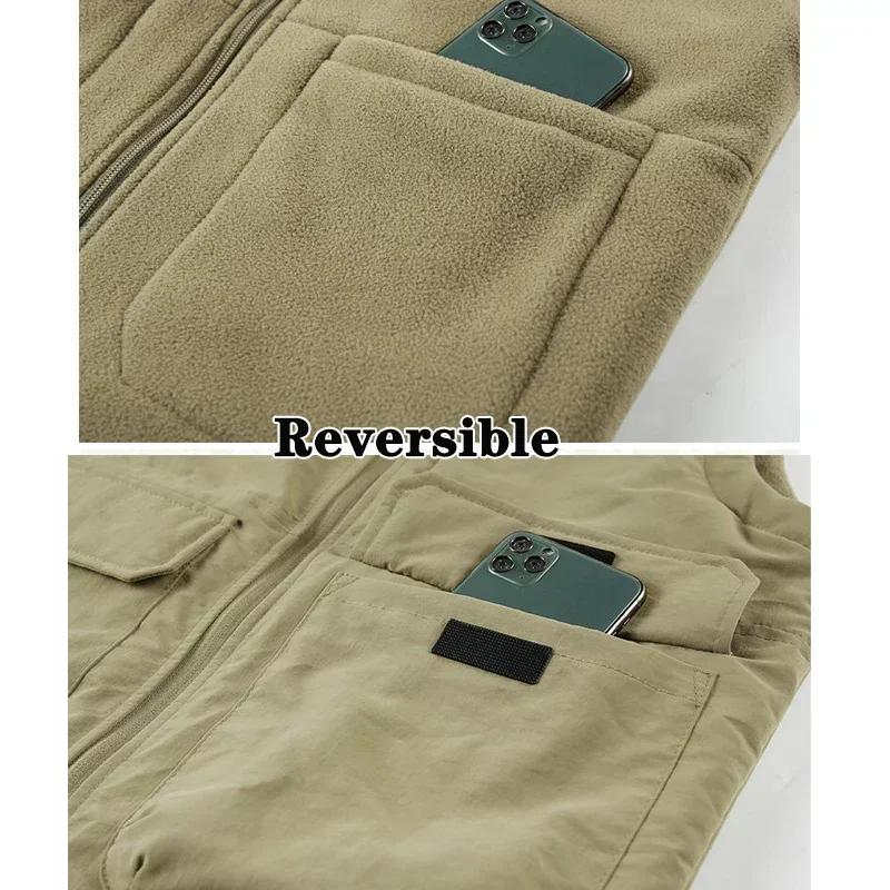 Veston réversible sans manches pour hommes - Veste d'hiver épaisse en polaire cargo coupe-vent mode travail
