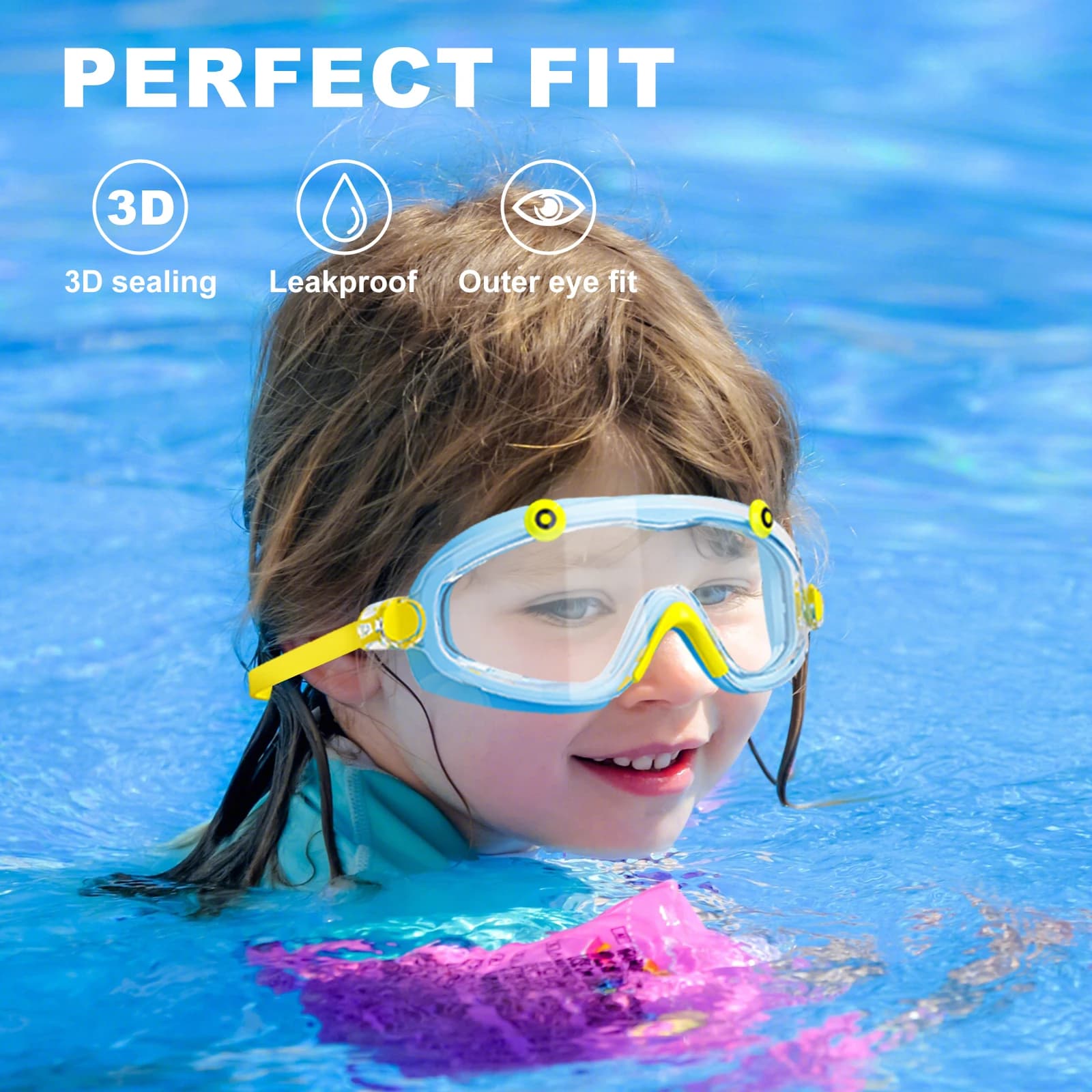 Lunettes de natation enfant 3-15 ans avec bouchons d'oreilles grand cadre HD anti-fuite confortables