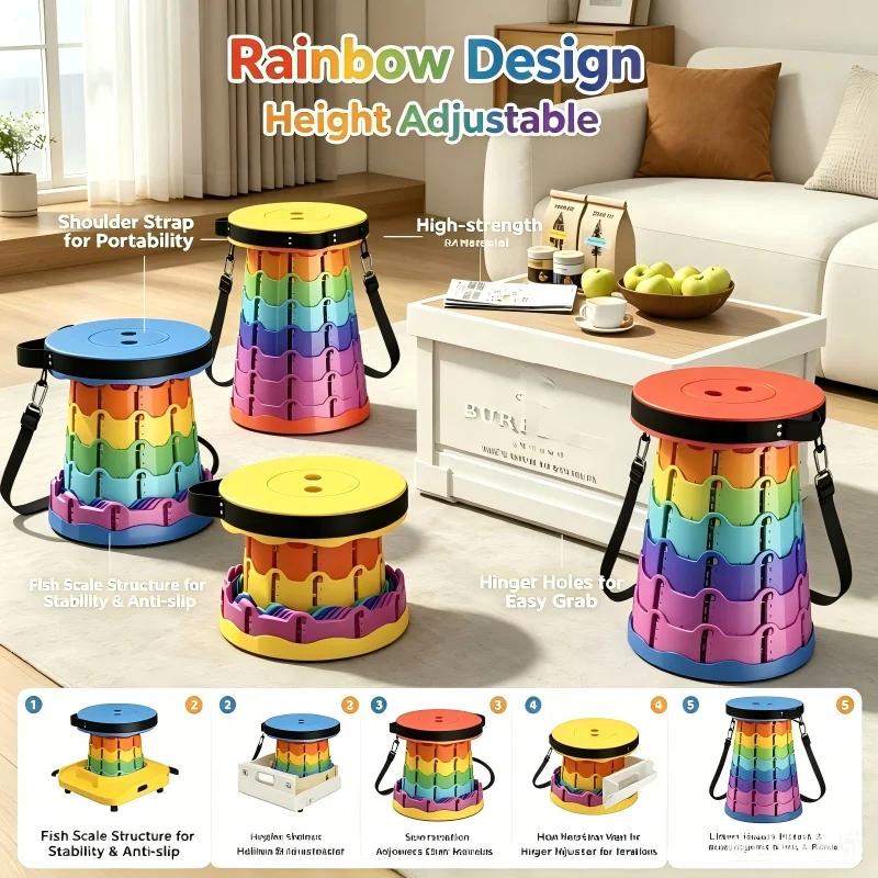 Tabouret pliant télescopique réglable pêche voyage - Siège de rangement plastique arc-en-ciel extérieur