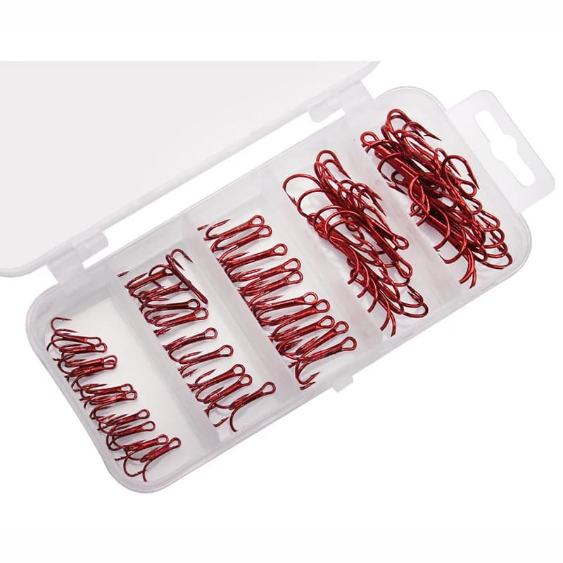 Kit 50 hameçons triples pêche carbone aiguisés - pour leurres appâts eau douce et mer