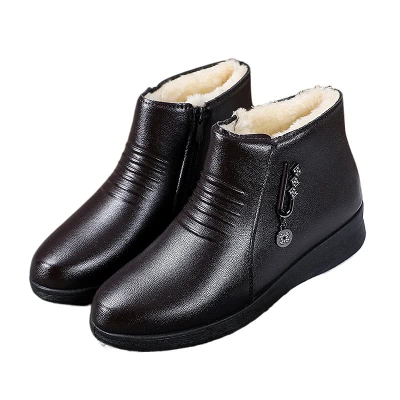 Bottes cuir 2024 semelle plate douce - Chaussures femme laine chaude pêche hiver antidérapantes