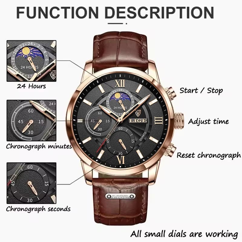 Montre homme luxe LIGE bracelet cuir quartz étanche montre sport élégante relogio masculino cadeau homme