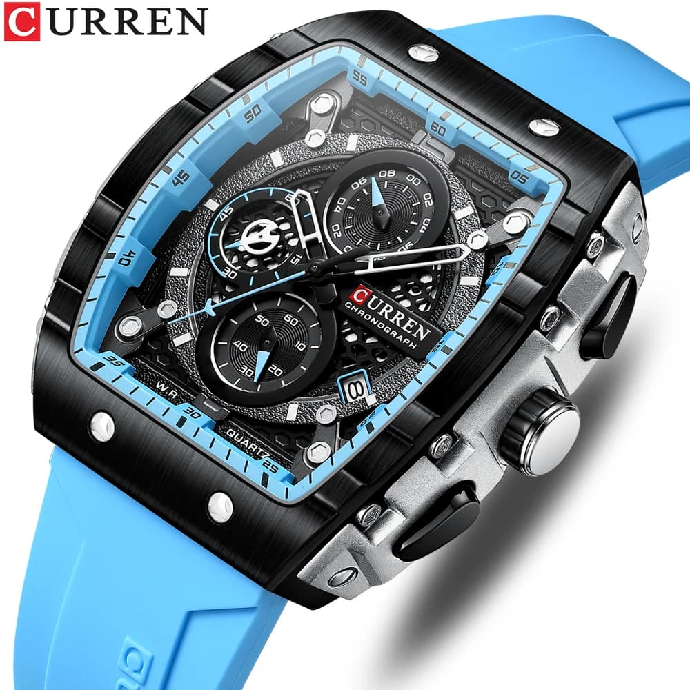 Montre sport Curren tonneau homme - Cadran sportif étanche, bracelet silicone jaune lumineux, quartz automatique