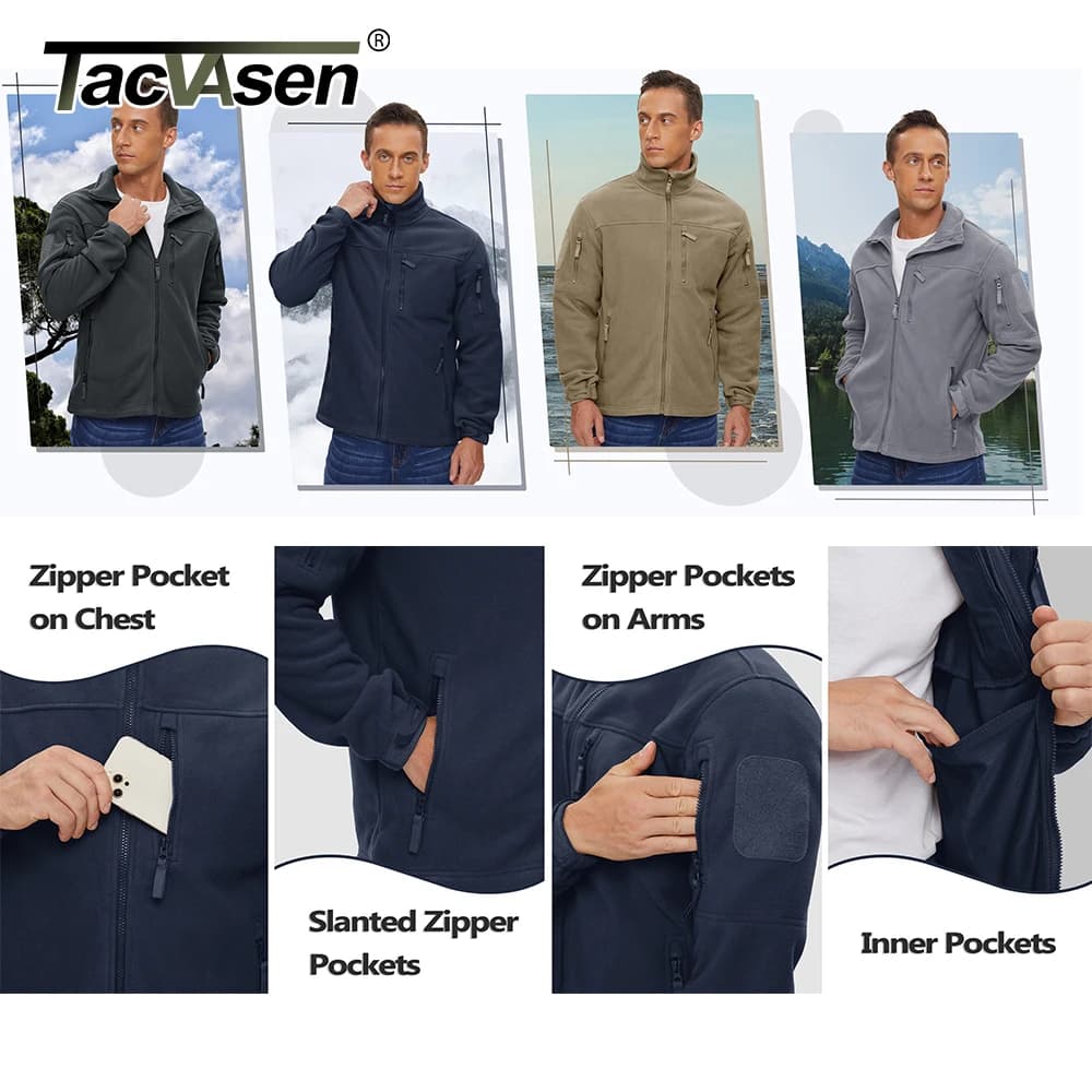 Veste polaire TACVASEN verte chaude travail pêche avec fermeture complète et poches zippées