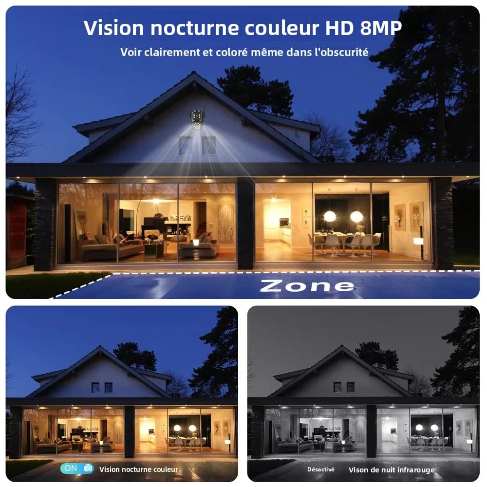 Caméra de surveillance extérieure WiFi 8MP 4K double objectif vision nocturne détection humaine ICsee