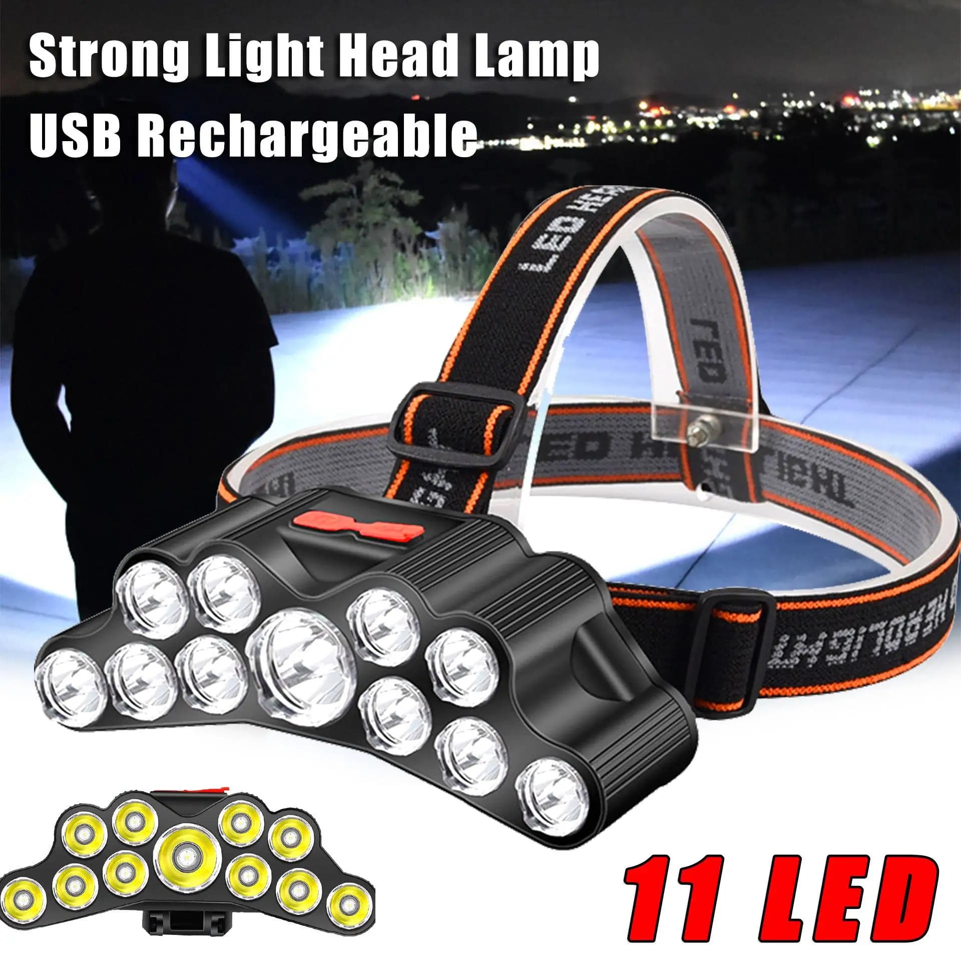 Puissante frontale 5/11 LED avec batterie intégrée 18650 USB rechargeable pour pêche camping extérieur