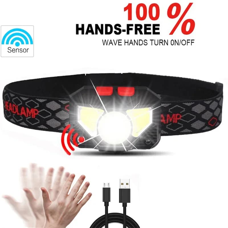 Lampe frontale pêche 6 modes XPE+COB rechargeable USB étanche pour running et camping nocturne