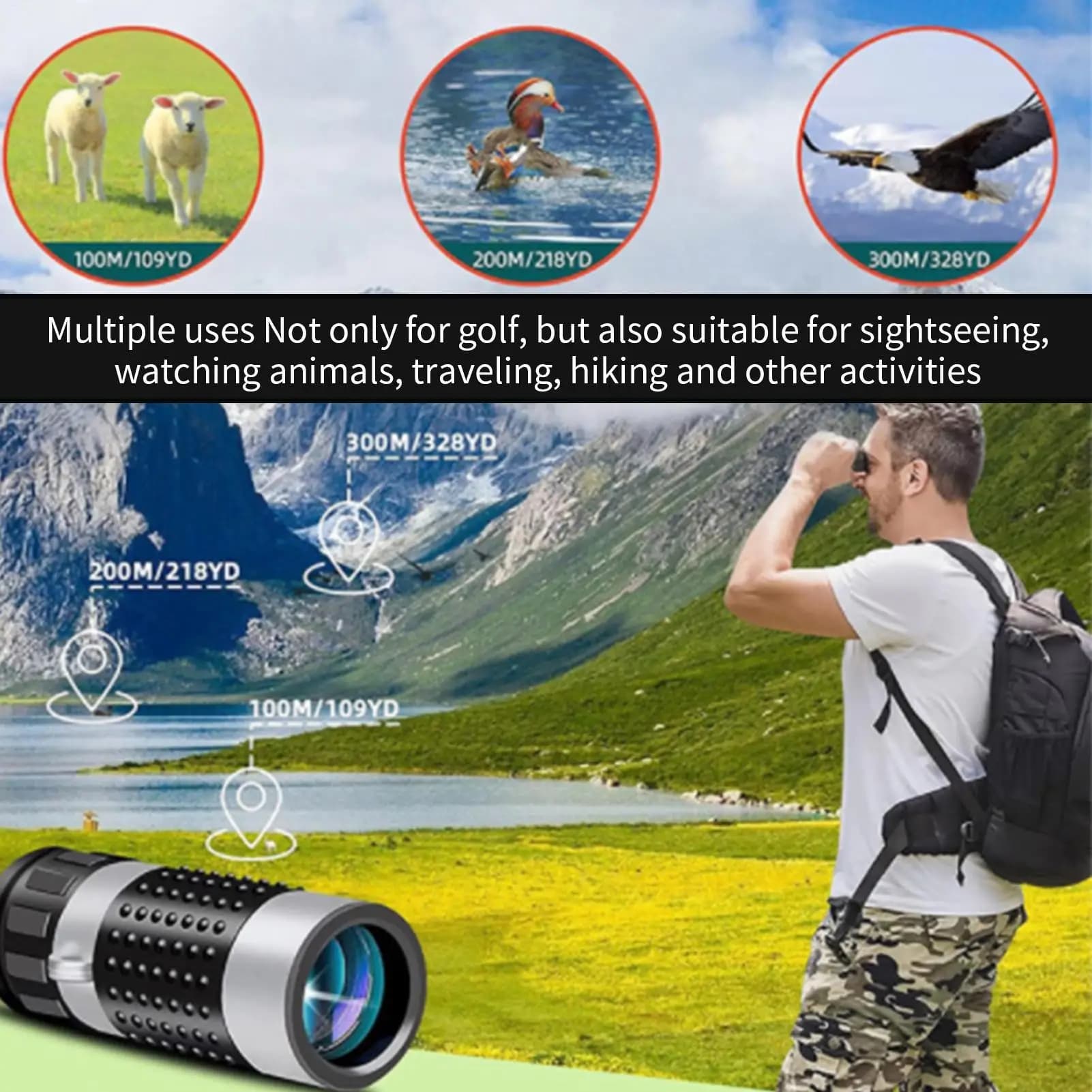 Télémètre monocular 7x multifonction pour pêche, observation oiseaux, randonnée et activités outdoor