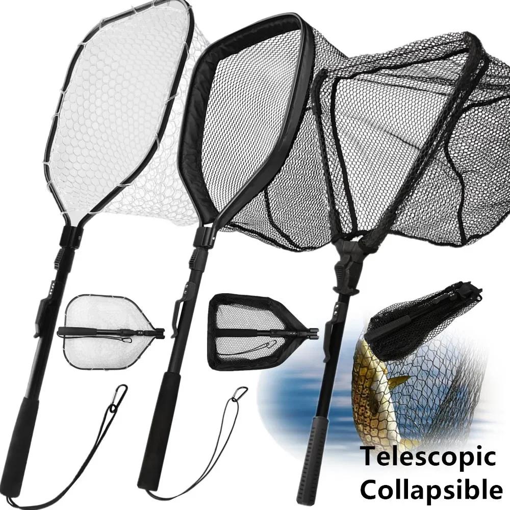 Filet de réception pêche à la mouche maille caoutchouc douce léger portable avec manche aluminium