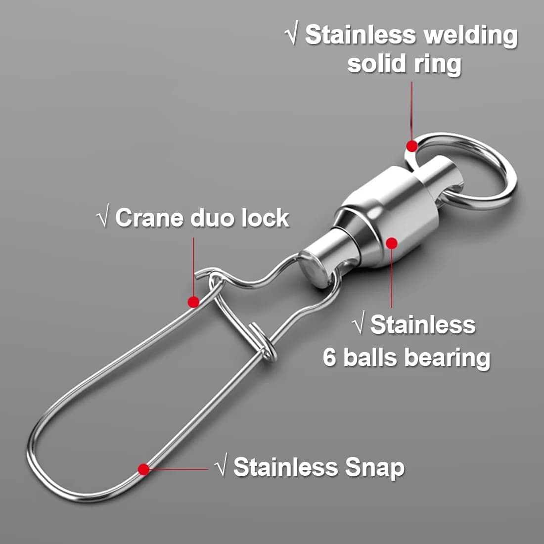 Émerillons à billes 10 pièces avec snap duo-lock - Connecteurs pêche acier inoxydable