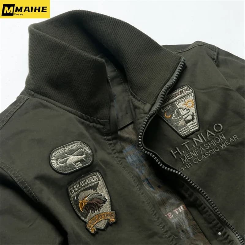 Bomber rétro homme automne printemps broderie avion pilote cargo col stand tactique