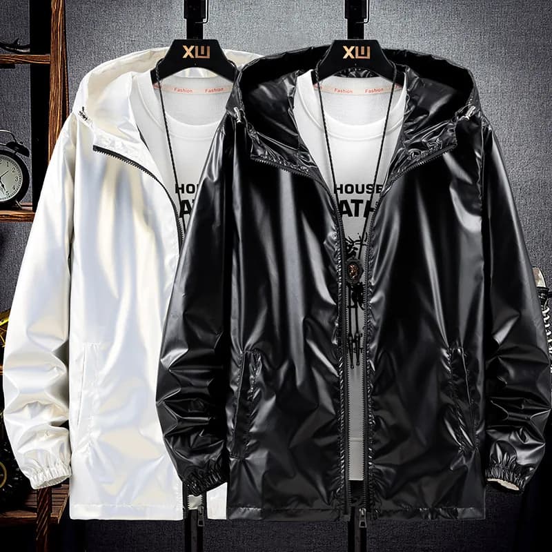 Veste bomber argentée brillante homme waterproof - Veste légère automne Harajuku coupe-vent à capuche