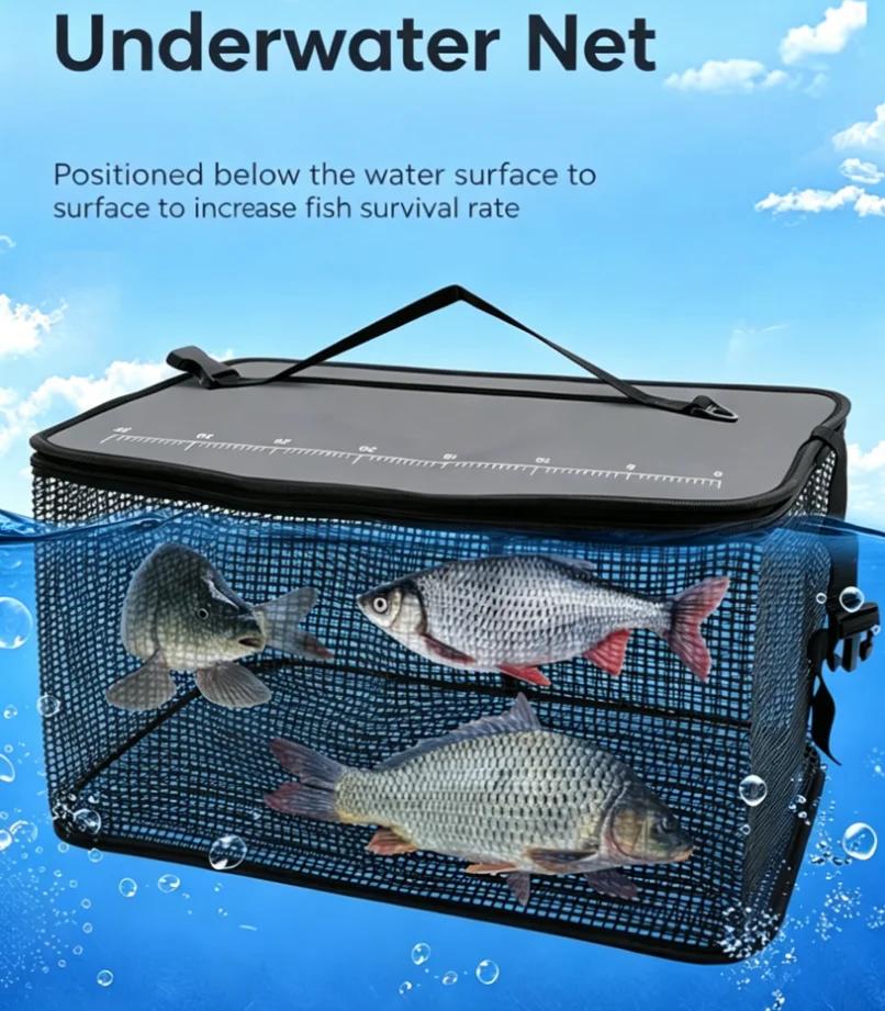 Panier de pêche flottant pliable, filet cage portable pour rangement matériel et poissons vivants