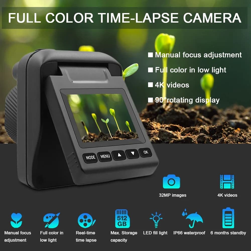 Caméra time lapse extérieure 32MP 4K étanche écran rotatif 90° autonomie 6 mois batterie