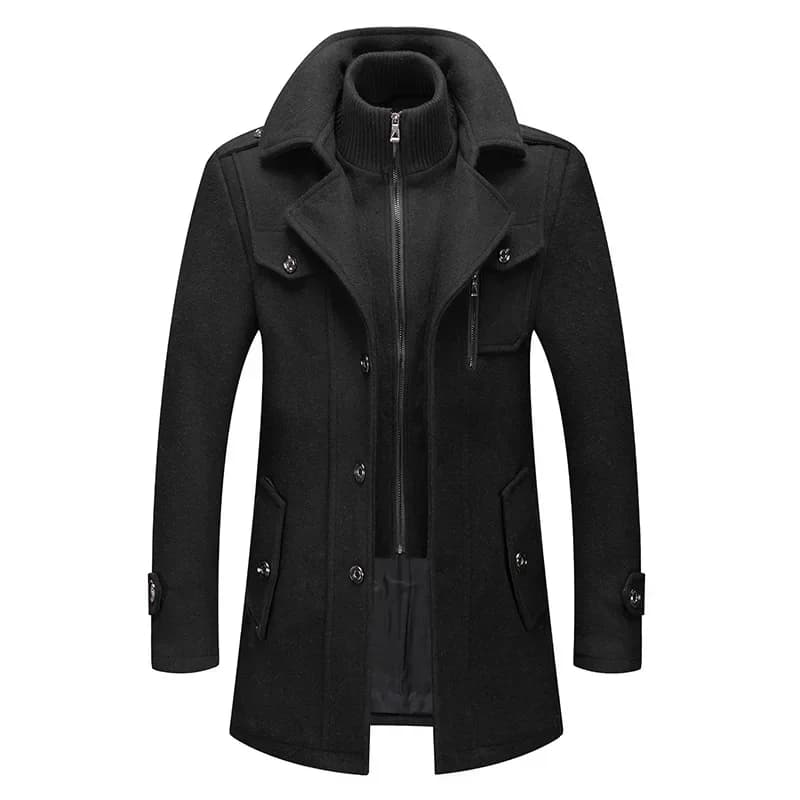 Manteau trench homme laine mi-long double col - Veste coupe-vent automne hiver pour pêcheur