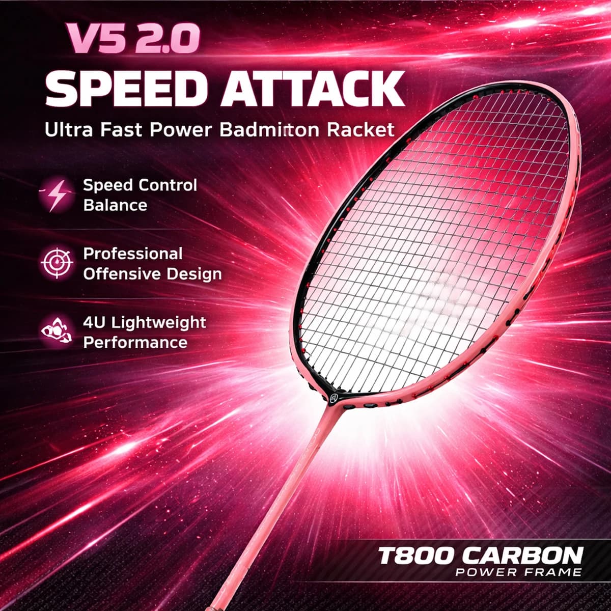 Raquette badminton offensive ALP V5 2.0 ultralégère 4U carbone original ALPSPORT pour attaques puissantes