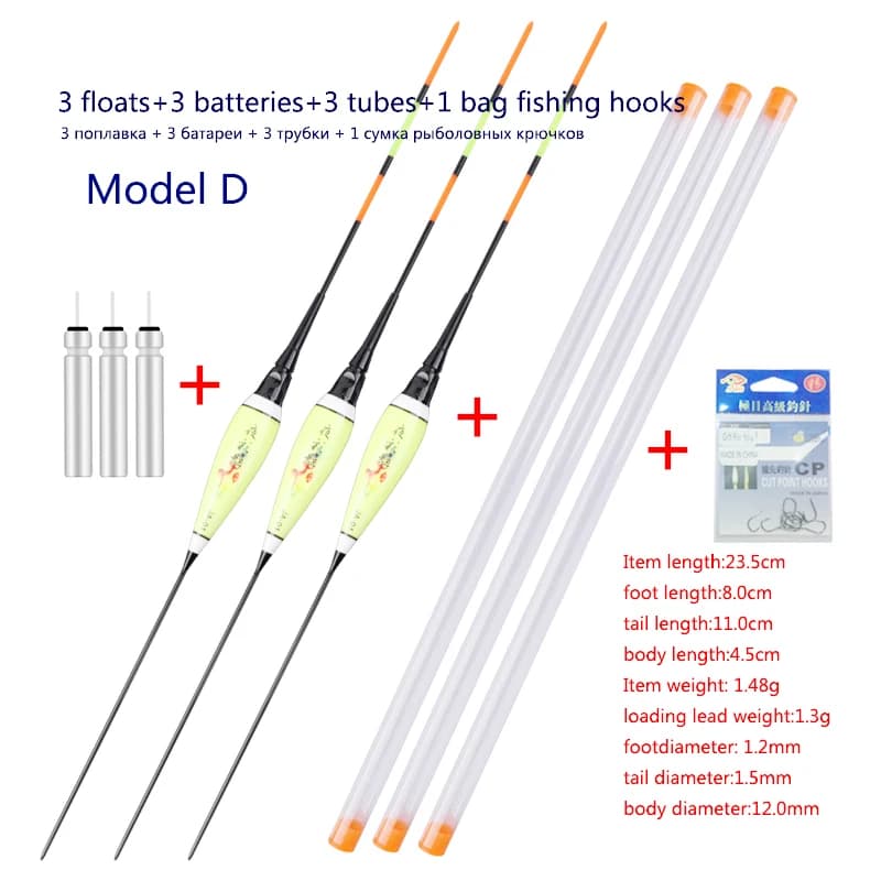 3 flotteurs lumineux nano pêche + 3 CR425 + 3 tubes et sac hameçons pour pêche