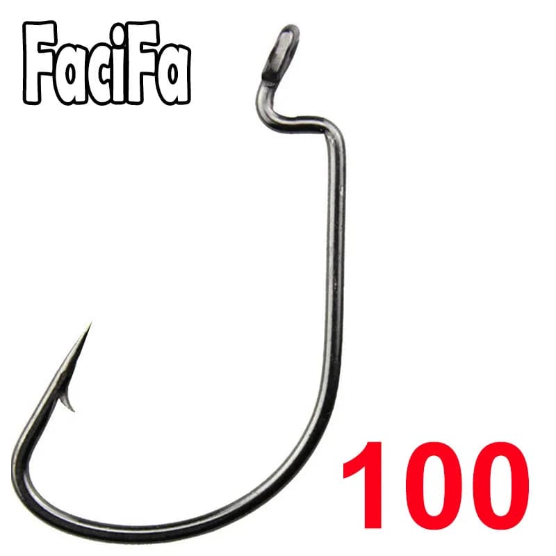 100 Hameçons Wide Gap pour Vers Souples - Grands Hameçons Bass en Acier Haute Carbone Noir