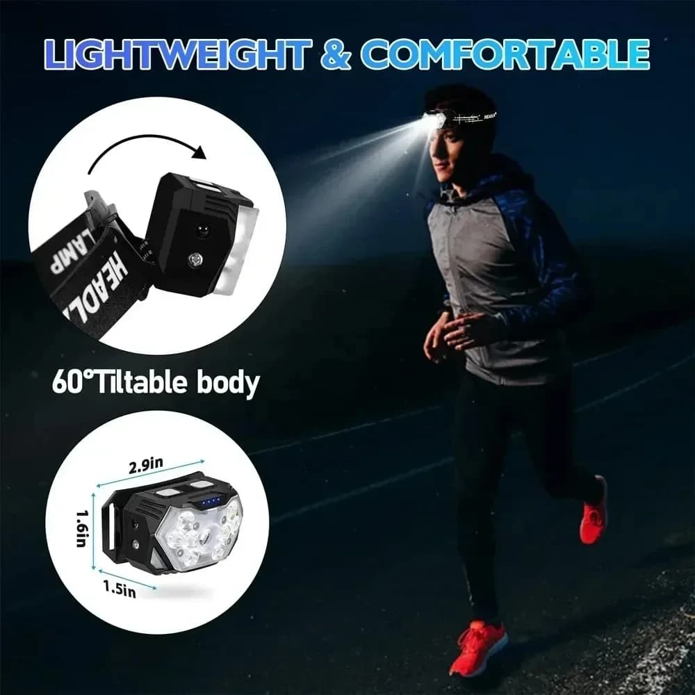 Lampe frontale rechargeable USB avec détecteur de mouvement 9 LED pour pêche camping et travail