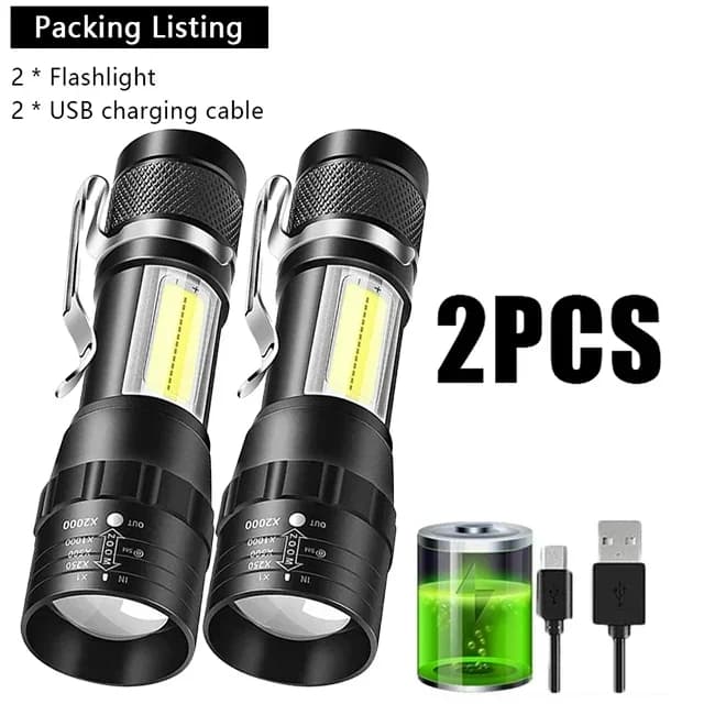 Lampe torche COB+XPE zoomable rechargeable USB pour camping, pêche et urgences longue portée