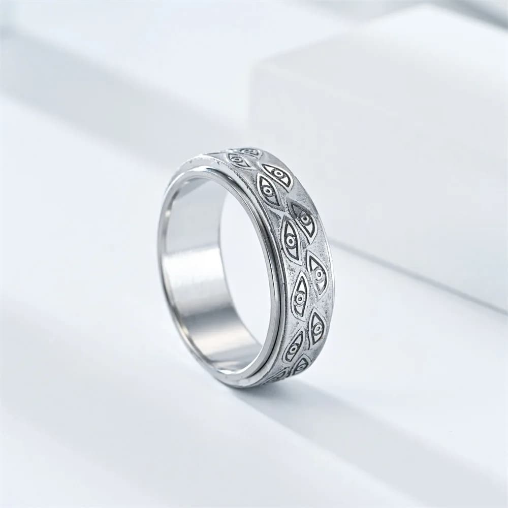 Bague anti-stress acier inoxydable spinner rotative œil démon anxiété pêche méditation homme bijou joint