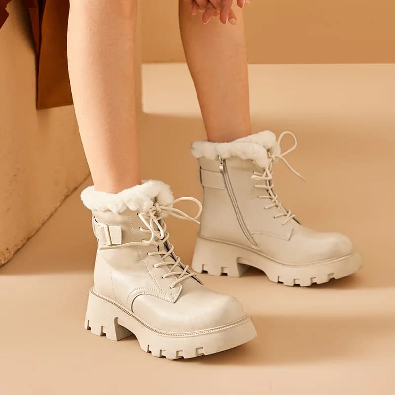 Bottes hiver cuir daim femmes semelle épaisse zip latéral fourrure chaude plateforme pêche artisanales