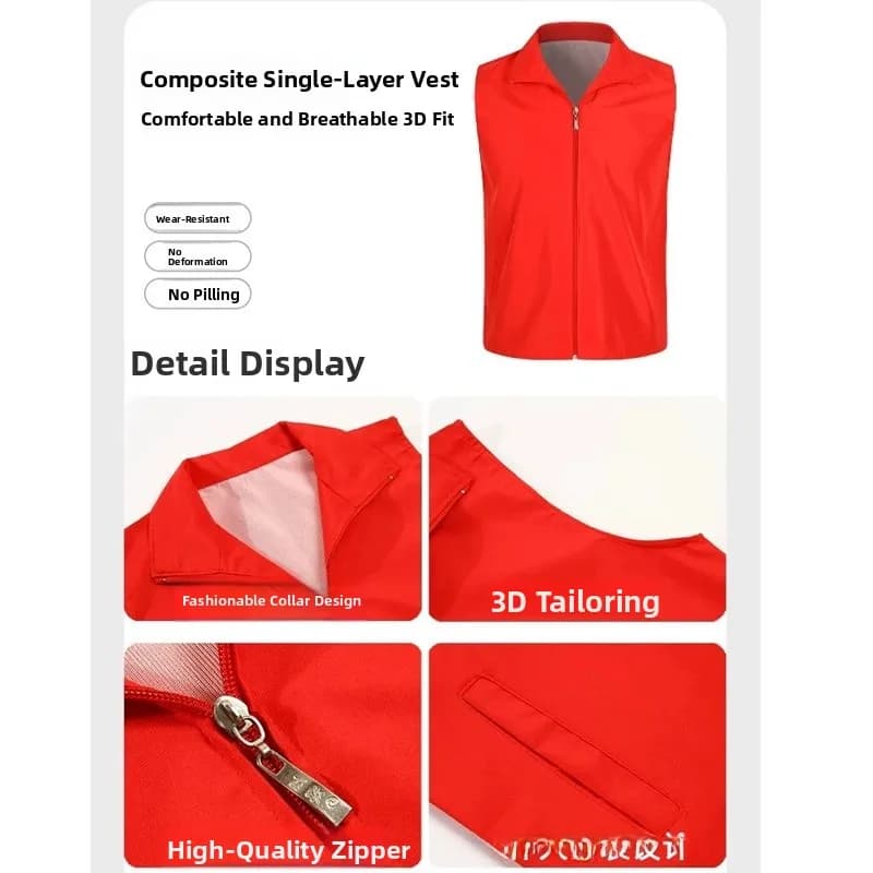 Veste de bénévole rouge personnalisable - Uniforme de service communautaire avec fermeture éclair et coupe droite