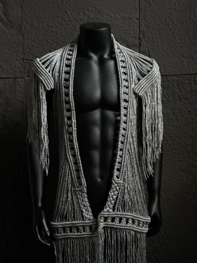 Cardigan crocheté main homme été 2025 pour plage et pêche côtier mailles ajourées avec franges