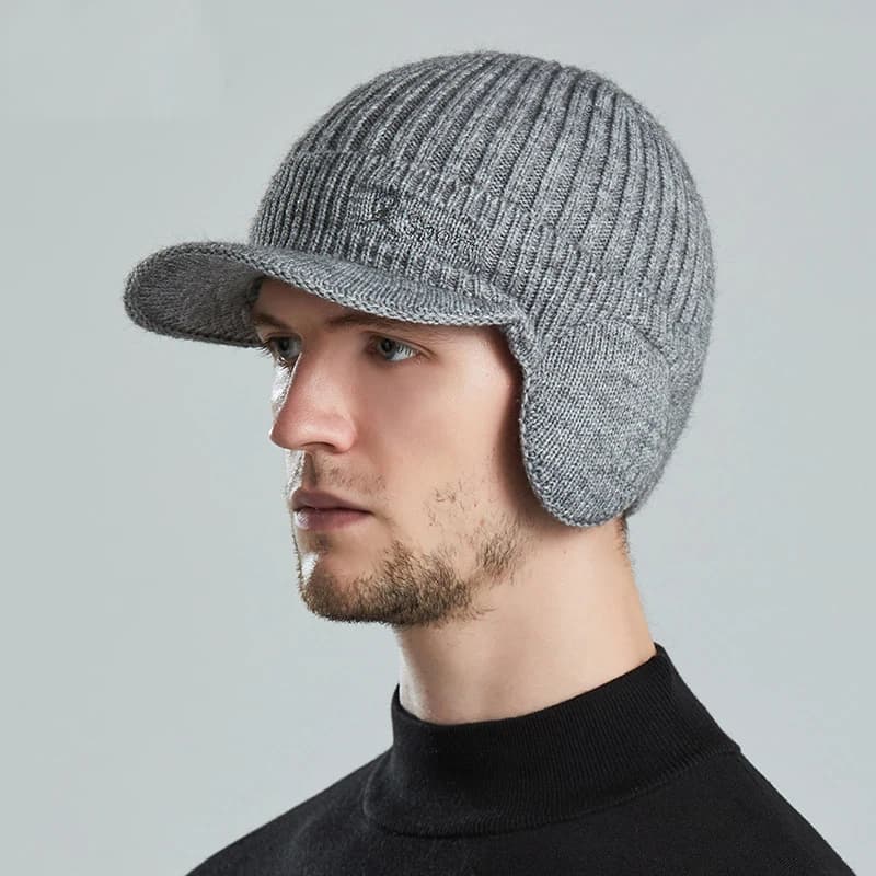 Bonnet laine épais protection oreilles pêche - Modèle coréen visière canard tricoté homme hiver