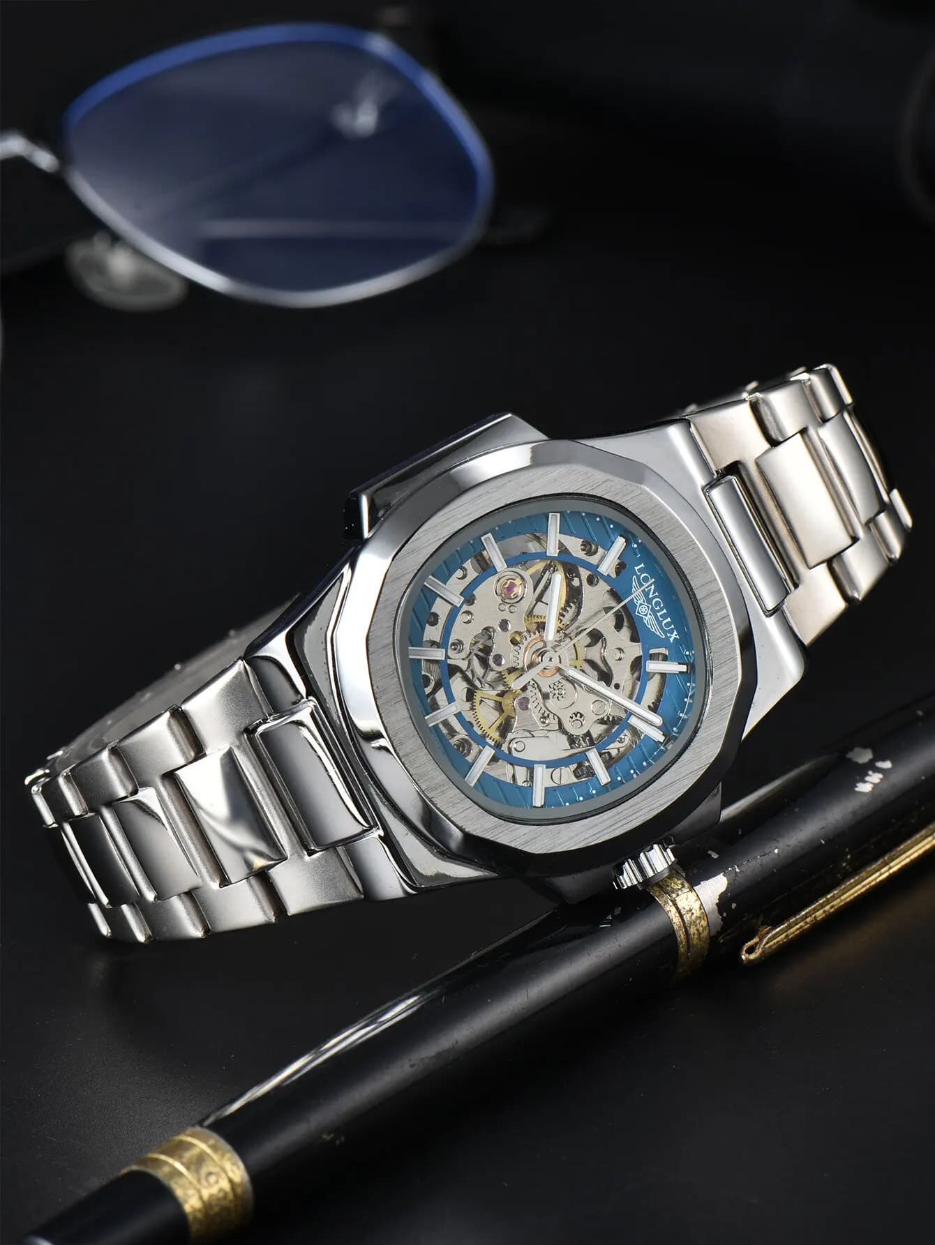 Montre automatique mécanique homme LONGLUX luxe squelette étanche acier inoxydable cadeau