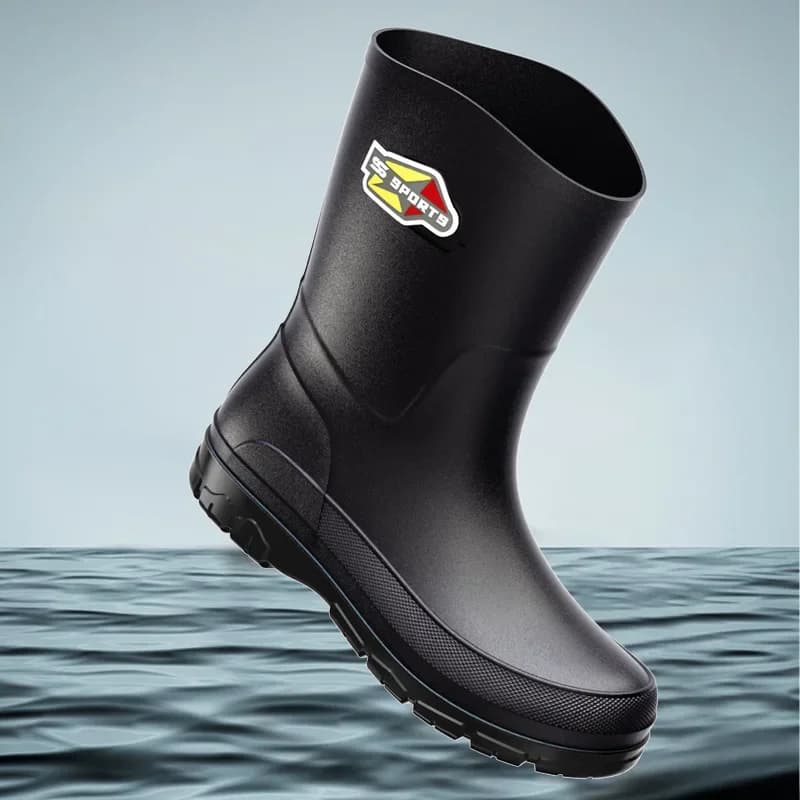 Bottes de pêche mi-mollet homme noir pur - Chaussures imperméables antidérapantes tailles 30-48 écologiques