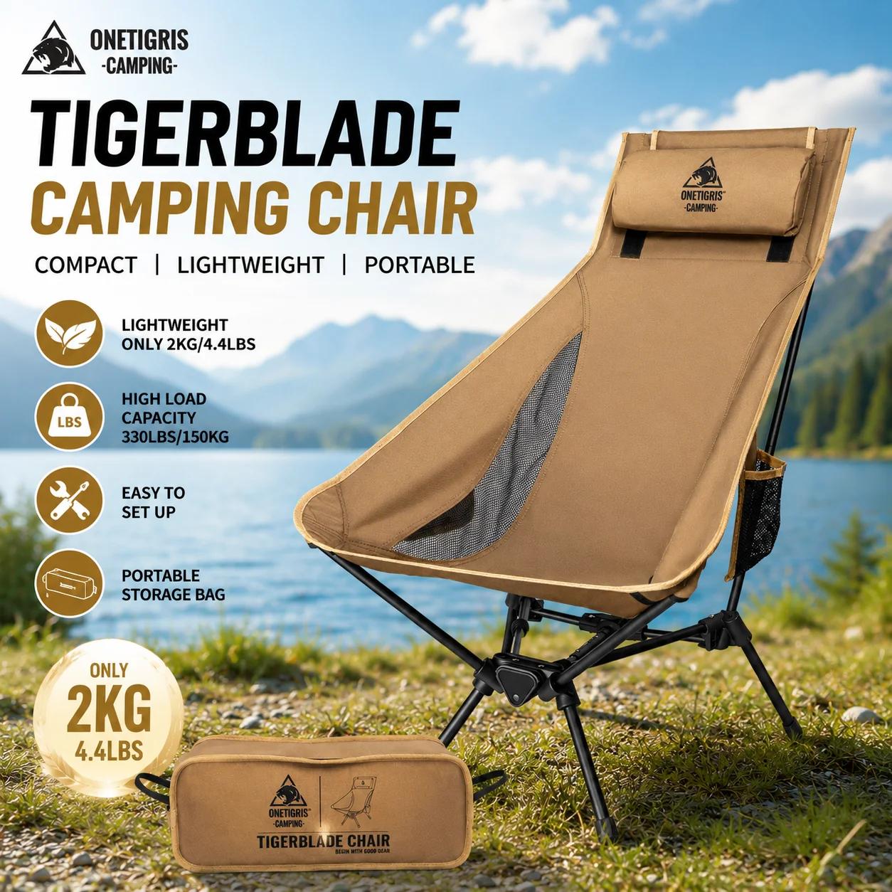 Chaise OneTigris Tigerblade pour pêche - Siège pliable robuste pêche trekking activités extérieures confortable