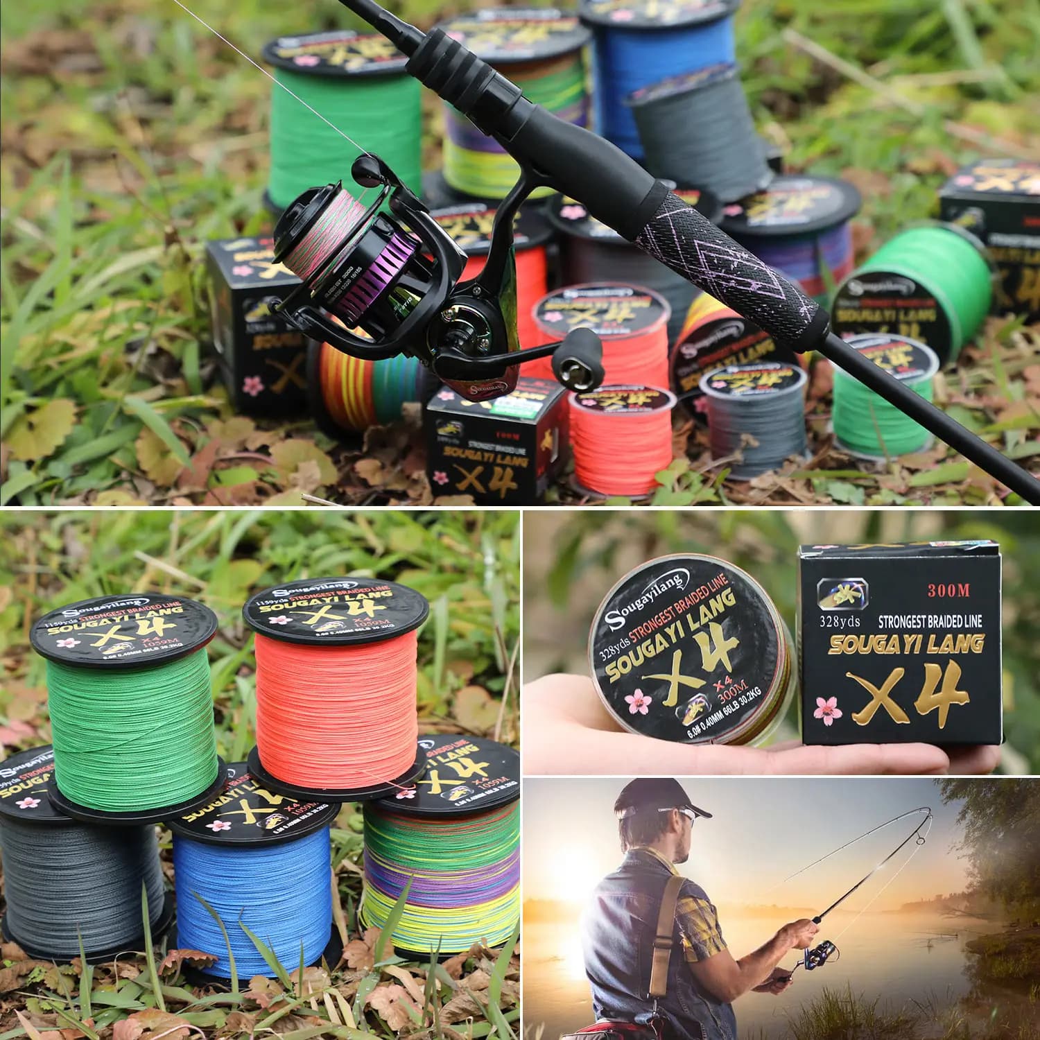 Ligne de pêche mer salée Sougayilang PE Multifilament 66LB MaxDrag, 4 brins, 100 à 300m, 5 couleurs