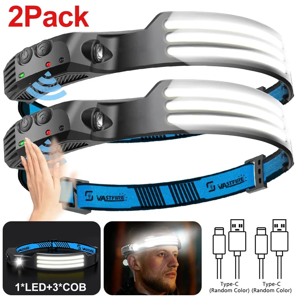 Lampe frontale LED rechargeable USB 2PCS avec détecteur de mouvement pour pêche nocturne et camping