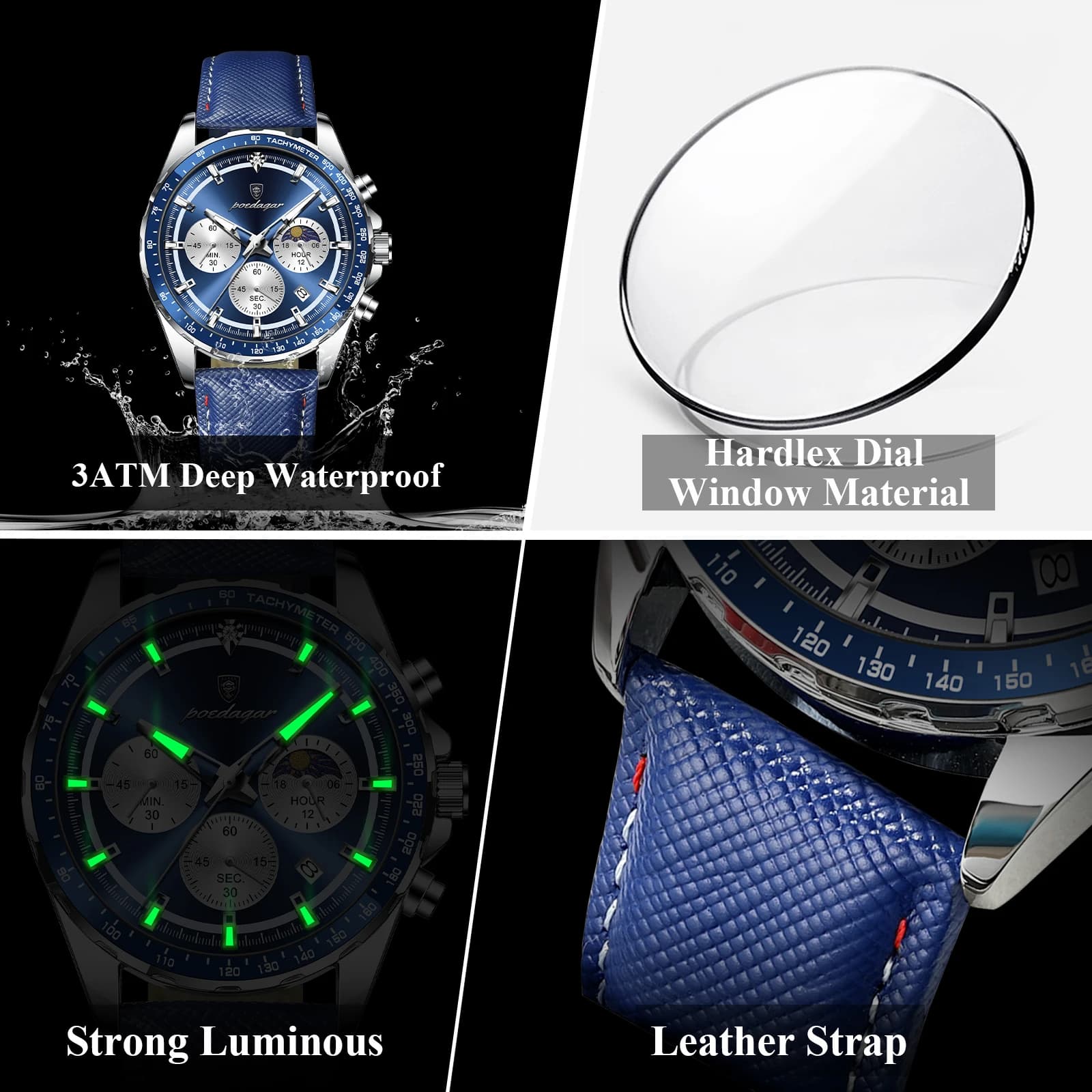 Montre homme étanche lumineuse chronographe cuir sport - Poedagar Original Fashion pour pêche