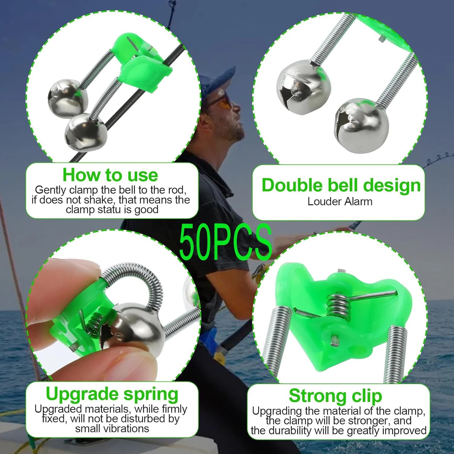 50 cloches plastique double alarme super sonores pour pêche nuit glace clips cannes accessoires