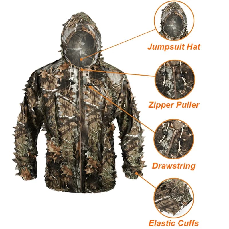 Équipement chasse Ghillie 3D feuilles léger - camouflage sniper airsoft tir pêche extérieur