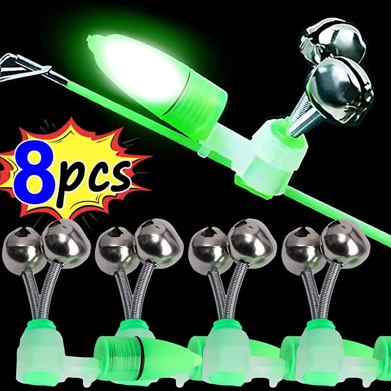Alarme de touche LED pour pêche de nuit - 8 pièces avec clips et pinces pour canne à pêche