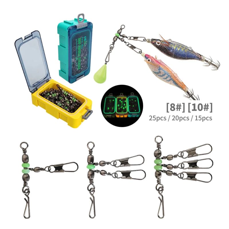 25 émerillons lumineux 8#/10# avec connecteur - Émerillons à clip pour leurres durs calmar