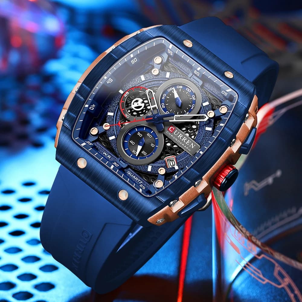 Montre homme Curren luxe chronographe quartz étanche lumineuse boîtier carré bracelet silicone montre de pêche