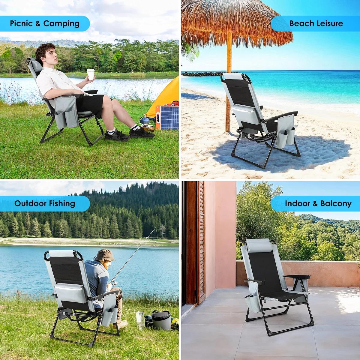 Chaise pliante dossier et accoudoirs réglables - Siège camping gris oxford 140kg pour pêche