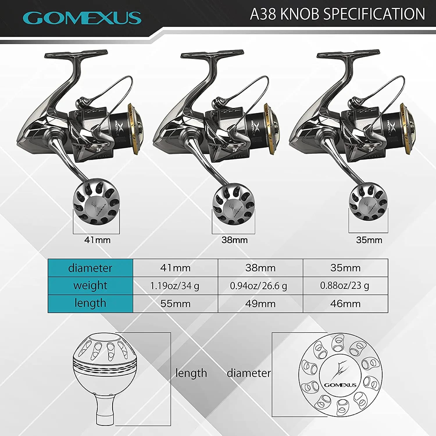 Poignée Gomexus pour moulinet Daiwa Shimano 3000-5000 - Knob remplacement Sedona 38-41mm confort pêche