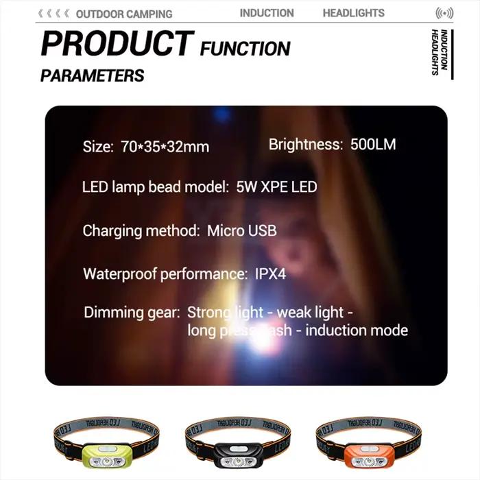 Lampe frontale pêche rechargeable USB puissante avec capteur de mouvement pour camping nocturne