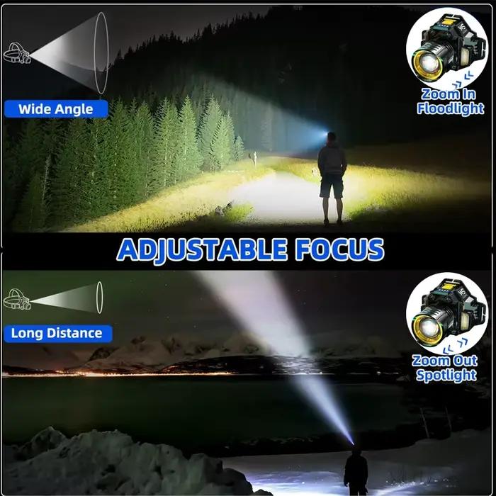Lampe frontale pêche 300LM à induction - 5 modes éclairage - Zoom télescopique - Lumières latérales rouge et bleue