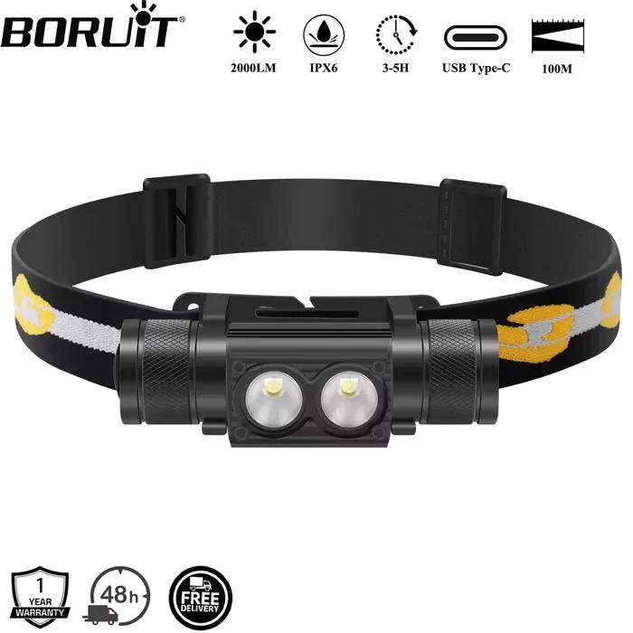 Lampe frontale BORUiT D25 2000LM étanche rechargeable Type-C pour pêche et camping nocturne