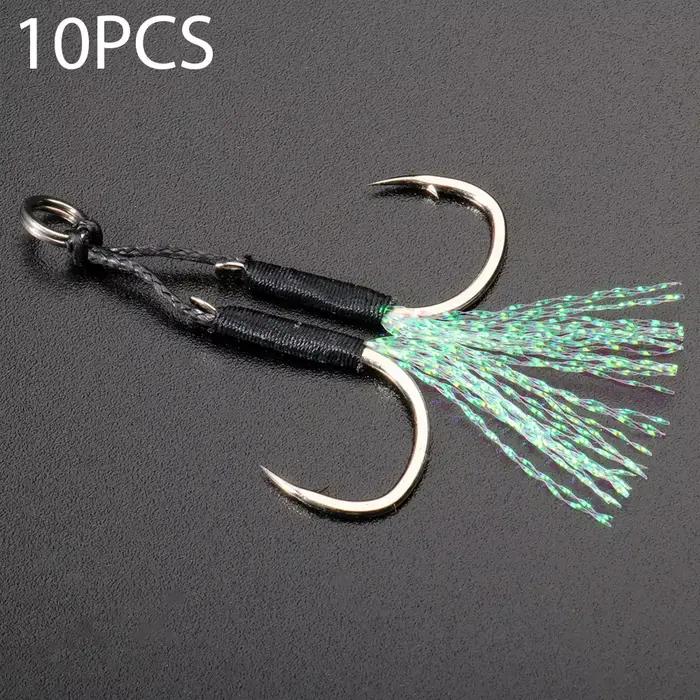 10 hameçons assistés pour leurres de pêche slow jigging en acier haute teneur carbone, plume et barbelures