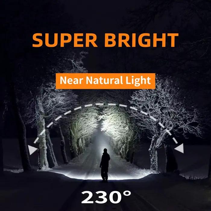 Lampe frontale large faisceau 230° 7500mAh autonomie longue pêche camping urgence